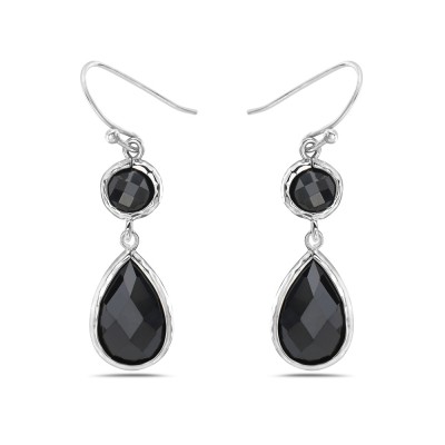 Sterling Silver Earring 7mm Black Cubic Zirconia with Hammer Bezel with 14.5mm/11mm