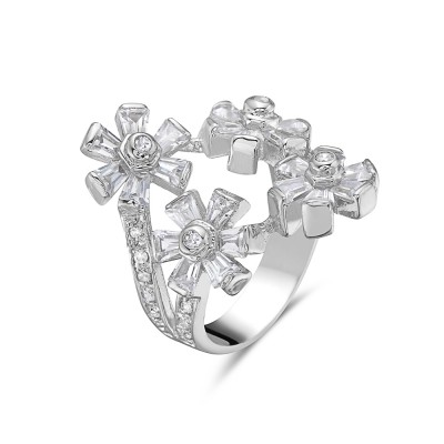 Brass Ring 6 Petals Flws Clear Cubic Zirconia-6 -Rhodium Plating-
