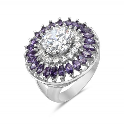 Brass Ring 23mm Round with Clear Cubic Zirconia Ctr+Amethyst Marquis