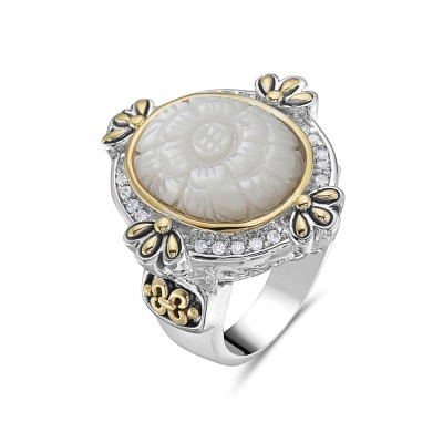 Brass Ring 18-14mm Oval Mother of Pearl Engraved Flower with Gold