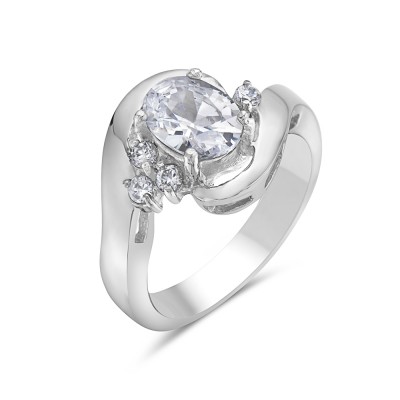 Stainless Steel Ring 6.3-8.2mm Oval Clear Cubic Zirconia Center with