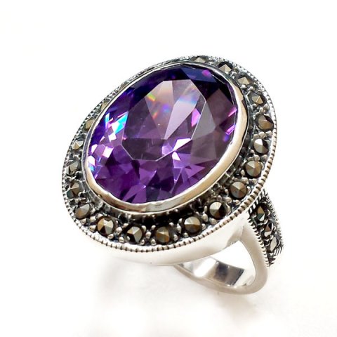 Marcasite Ring Oval Wrap Amethyst Cubic Zirconia 12X16 mm