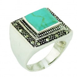 Marcasite Ring 19X19mm Faux Turquoise Square with Twisted Rope