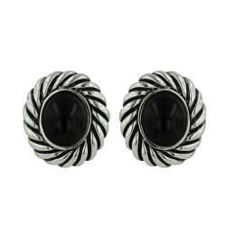 Brass Earring Black Glass Center with Oxidized Rope O