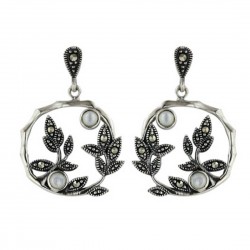 Marcasite Earring 16X16mm White Mother of Pearl with Pave Marcasite Leaves Open Ro