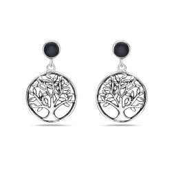 Sterling Silver EARRING DANGLE ROUND TREE OF LIFE ROUND ONYX TO