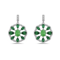 Sterling Silver EARRING DANGLE FLOWER BURMESE GREEN JADE CLEAR
