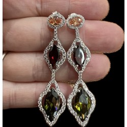 Sterling Silver EARRING TEAR DROP MULTICOLOR CZ LONG DROP CLEAR