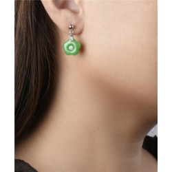 Sterling Silver EARRING FLOWER BURMESE GREEN JADE CARVED W CZ