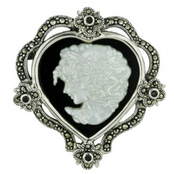 Marcasite Pin Heart Onyx with Cameo Lady Face