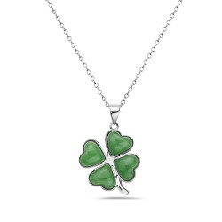 Sterling Silver PENDANT CLOVER GREEN JADE ON LEAVES