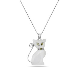 Sterling Silver PENDANT WHITE JADE KITTY CZ OLIVE GREEN KITTY EYES