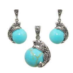 Marcasite Set 12mm Faux Turquoise Ball with Marcasite Cougar Oxidized Rop