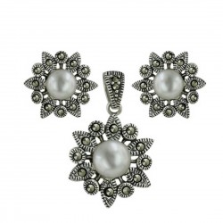 Marcasite Set Earring/Pendant Fresh Water Pearl Center with Round/Marqu