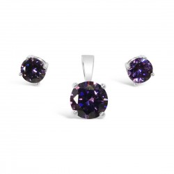 Sterling Silver Set 6Mm Earring 8 Mm Pendant Amethst Cubic Zirconia Round S
