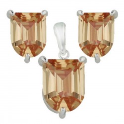 Sterling Silver Pendant (L=10mm) +Earg (L=8mm) Sets Shield Champagne Cubic Zirconia