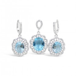 STERLING SILVER SET OVAL AQUA BLUE  GLASS RADIATING CUBIC ZIRCONIA LINES