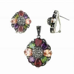 Marcasite Set Earring+Pendant 8 Petals Cubic Zirconia Flower Garnet +Champagne+Olivine+Amethyst with
