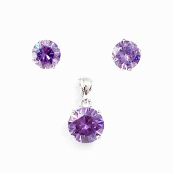 Sterling Silver PENDANT 10MM+EARRING 8MM ROUND AMETHYCZ STUD 4