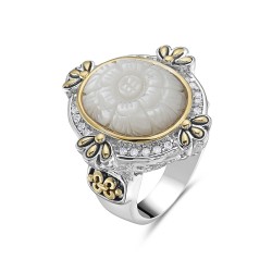 Brass Ring 18-14mm Oval Mother of Pearl Engraved Flower with Gold