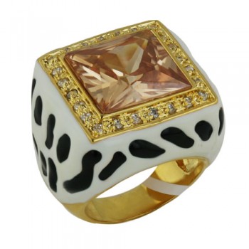 Brass Ring Gold Plate Square Ch Cz With Black+Whit