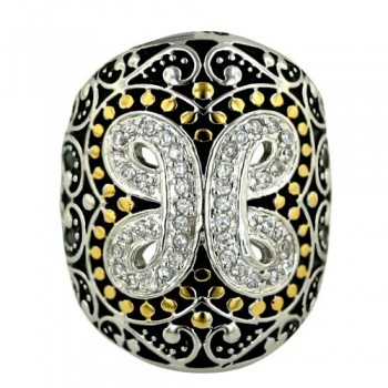 Brass Ring Gold Plate+Black Paint Filigree Clear Cubic Zirconia - 7