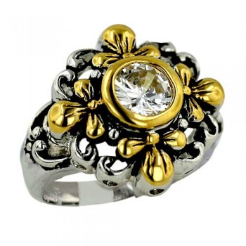 Brass Ring Gold Plate Oxidized Filigree with Clear - 7