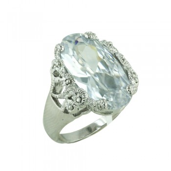 Brass Ring 20X10Mm Oval Clear Cz With Filigree Gra