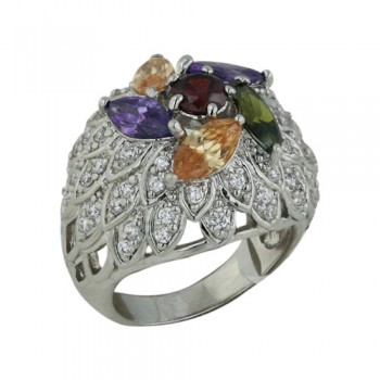 Brass Ring Dome Clear Cz Feather Multicolor Cz Win
