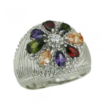 Brass Ring Dome Line Shank Multicolor Cz Flower