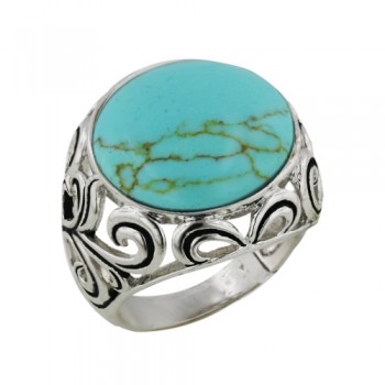 Brass Ring 17.5mm Turquoise Open Filigree on Band - 8