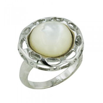 Brass Ring 13.5mm Mother of Pearl on Bezel with Open Ovals - 8