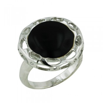 Brass Ring 13.5mm Onyx on Bezel with Open Ovals - 8