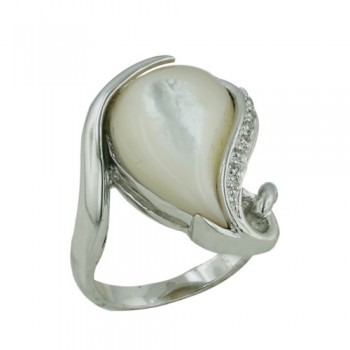 Brass Ring Bent Mother of Pearl Teardrop with Clear Cubic Zirconia - 8