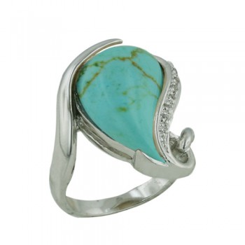 Brass Ring Bent Turquoise Teardrop with Clear Cubic Zirconia - 8