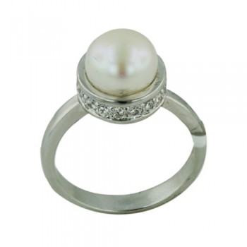 Brass Ring Clear Cubic Zirconia Band Around 9mm Potato Fresh Water Pearl - 8