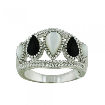 Brass Ring Band 5 Tear Drop Onyx+Mother of Pearl - 8