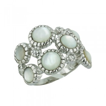 Brass Ring Mother of Pearl+Clear Cubic Zirconia Bubbles on Rope Design - 8