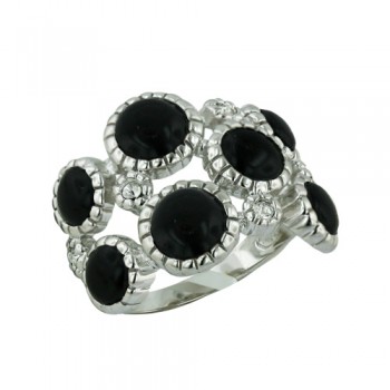 Brass Ring Onyx+Clear Cubic Zirconia Bubbles on Rope Design - 8
