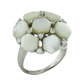 Brass Ring Flower 7 Mother of Pearl Hexagon with Clear Cubic Zirconia - 8