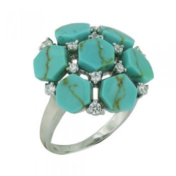 Brass Ring Flower 7 Turquoise Hexagon with Clear Cubic Zirconia - 8