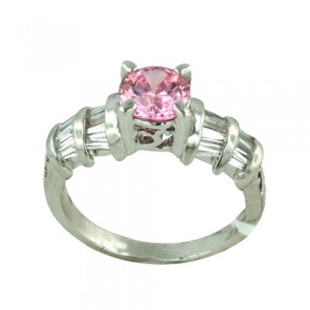 Brass Ring 7mm Pink Cubic Zirconia with Clear Baguette - 8