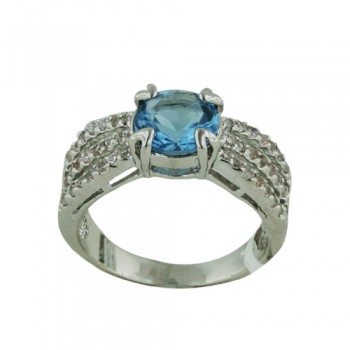 Brass Ring 8mm Aqua Cubic Zirconia with 1.5mm Clear Cubic Zirconia - 8