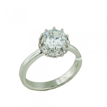 Brass Ring 8mm Clear Cubic Zirconia with 2.5mm Clear Cubic Zirconia on Sides - 8
