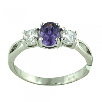Brass Ring 7X5mm Oval Amethyst with 2 Rd 4mm Clear Cubic Zirconia - 8