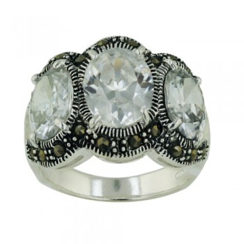 Brass Ring with 3 Oval Clear Cubic Zirconia