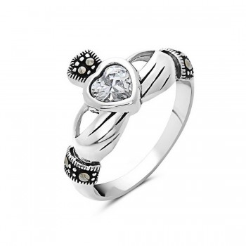 Marcasite Ring Clear Cubic Zirconia Heart Claddagh