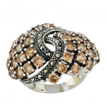 Marcasite Ring 31mm Champagne Cubic Zirconia Round with Pave Marcasite Ctr
