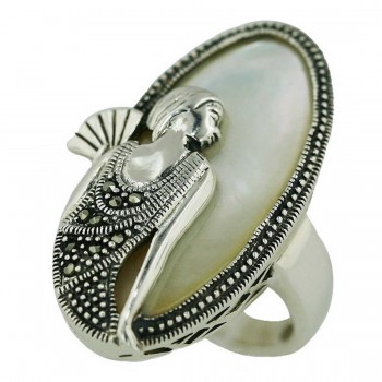 Marcasite Ring 35X18mm White Mother of Pearl Oval with Lady Portrait