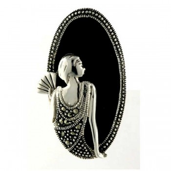 Marcasite Ring 35X18mm Onyx Oval with Lady Portrait